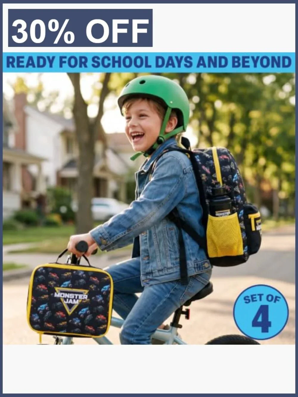 Monster Jam Boys Backpack 4 Piece Set - 18in Bookbag with Lunch Bag, Pencil